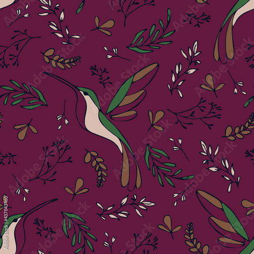 Seamless vector pattern with beautiful hummingbird on dark red background. Simple tropical bird wallpaper design. Decorative vintage fashion textile.