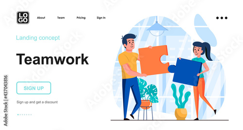 Teamwork web concept. Man and woman connecting puzzles, metaphor of business collaboration. Template of people scenes. Vector illustration with character activities in flat design for website