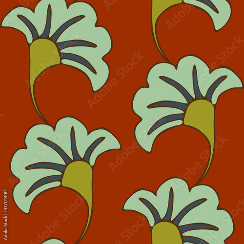 Seamless vector pattern with abstract flower on brown background. Simple retro floral wallpaper design. Decorative vintage blossom fashion textile.