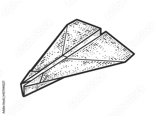 paper plane line art sketch engraving vector illustration. T-shirt apparel print design. Scratch board imitation. Black and white hand drawn image.