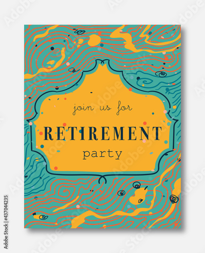 Retirement party invitation. Design template with abstract wavy lines and confetti. Vector illustration 