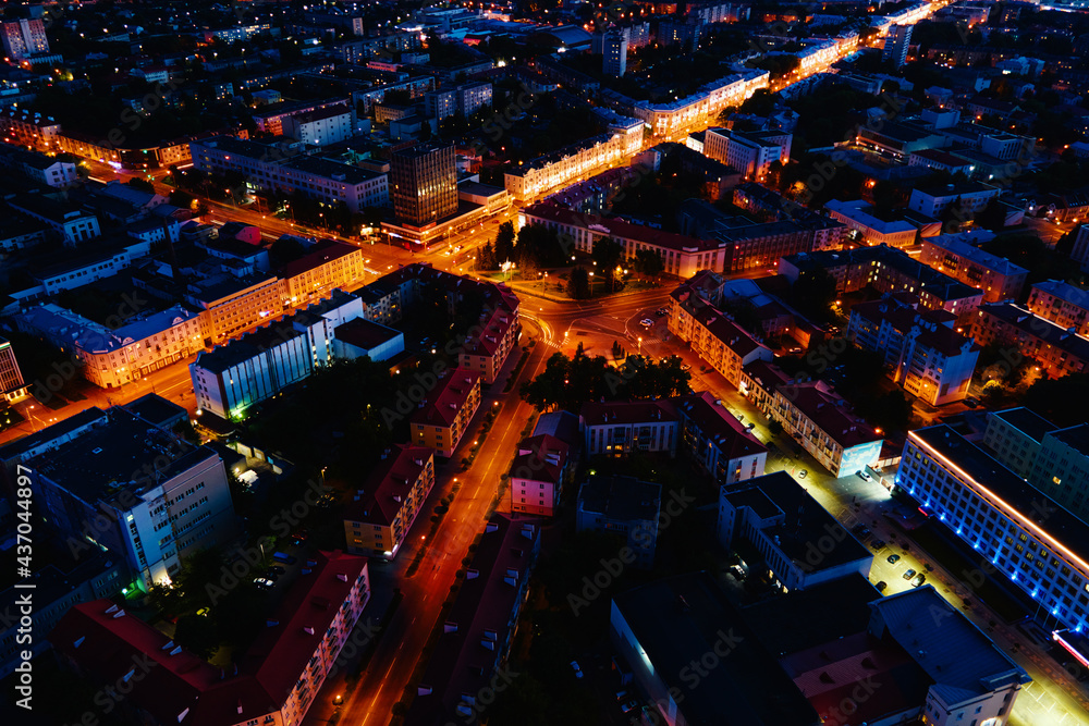 Cityscape of Gomel, Belarus. Aerial view of town architecture. City streets at night, bird eye view Cityscape of Gomel, Belarus. Aerial view of town architecture. City streets at night, bird eye view