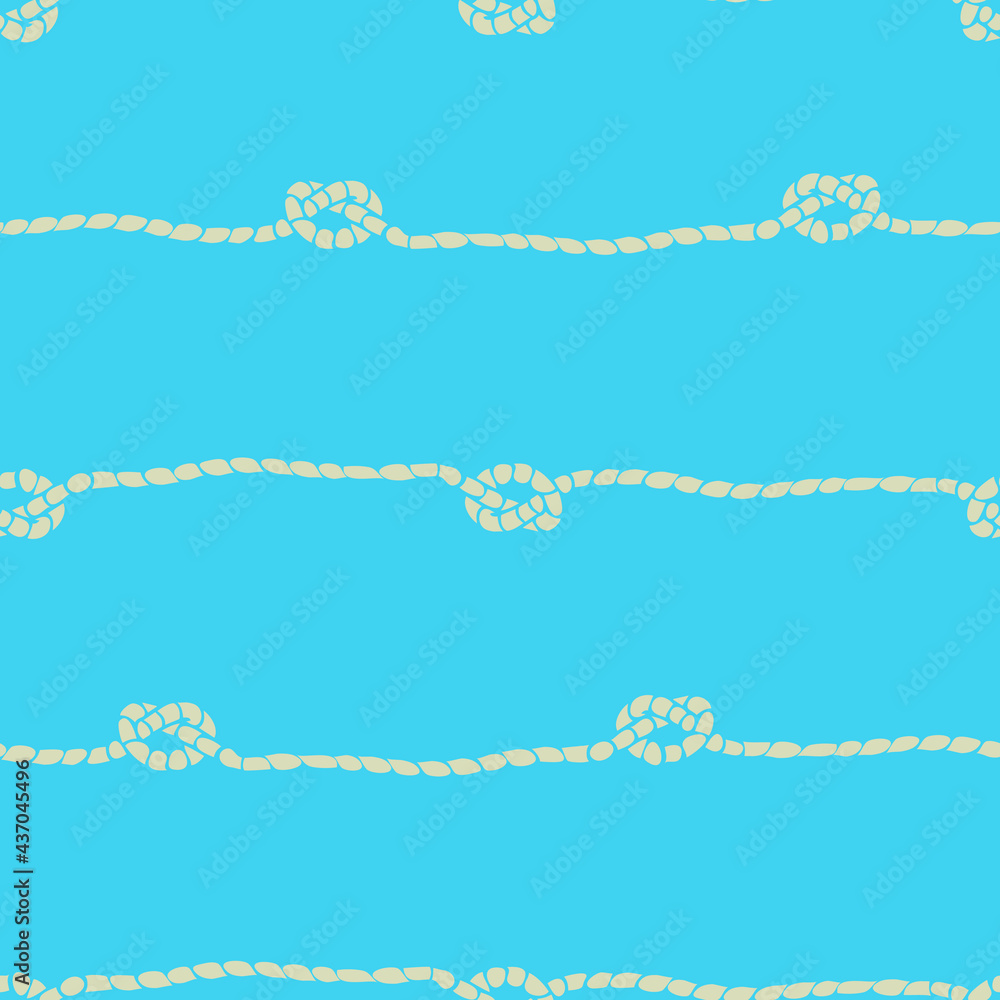 Seamless vector pattern with rope knot on blue background. Simple horizontal cord wallpaper design. Decorative string fashion textile.