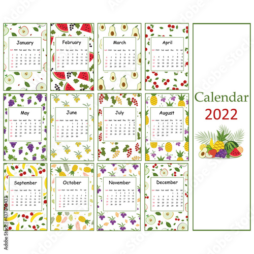 Fruit summer calendar for 2022 from fruit patterns for vegans  color vector illustration