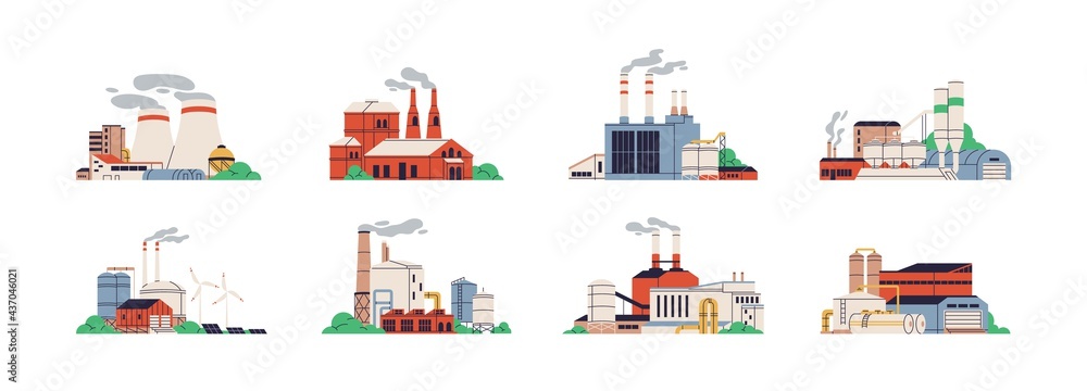 Set of power stations and plants for energy generation. Different types of factory buildings of heavy industry, generating electricity. Colored flat vector illustration isolated on white background