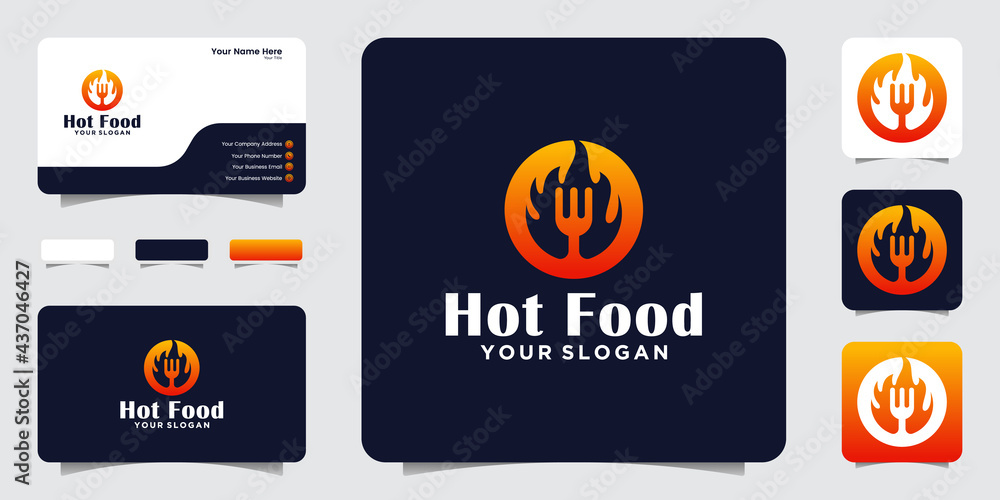 spicy food logo with negative space fork and hot fire design and business card