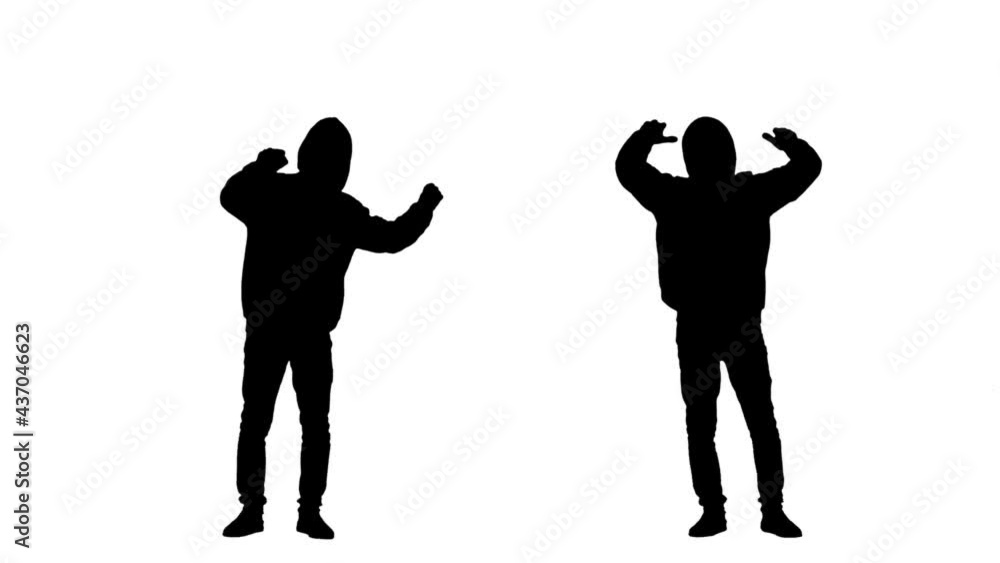 Black silhouette of a young man in youth stylish clothes and hood dancing and waving his hands. 2 in 1 Collage full length on white background. Slow motion ready 59.94fps. Black silhouette of a young man in youth stylish clothes and hood dancing and waving his hands. 2 in 1 Collage full length on white background. Slow motion ready 59.94fps.