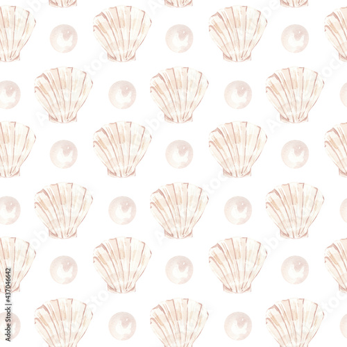 Seashell and pearl watercolor seamless pattern