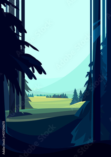 Exit from the coniferous forest. Nature landscape in vertical orientation.
