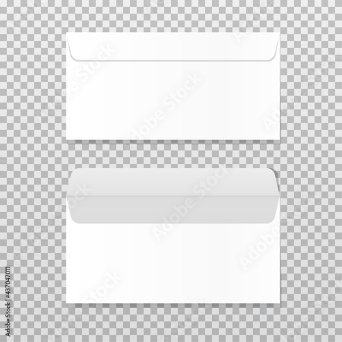 Open and closed empty envelope mock up. Realistic blank letter template. Paper C4 white envelopes front view. Vector illustration isolated on transparent background.
