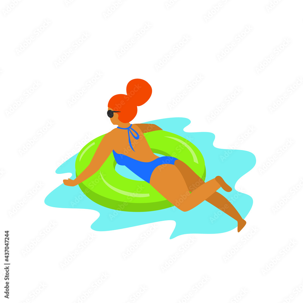 cute girl swimming on a inflatable ring float in a pool isolated vector illustration