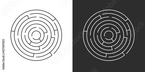Circle maze set. Labyrinth template on white and black background. Vector illustration isolated.