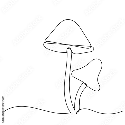 mushrooms drawing by one continuous line isolated, vector