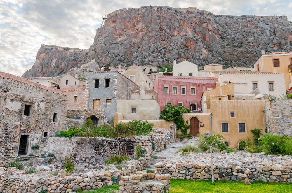 Medieval City of Monemvasia with Amphitheatrical Architecture. Historic Old Castle Town with Multicolored Houses Built on a Huge Rock. Monemvasia Island, Greece