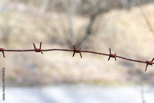 Rusty old metal barbed wire against blurred background