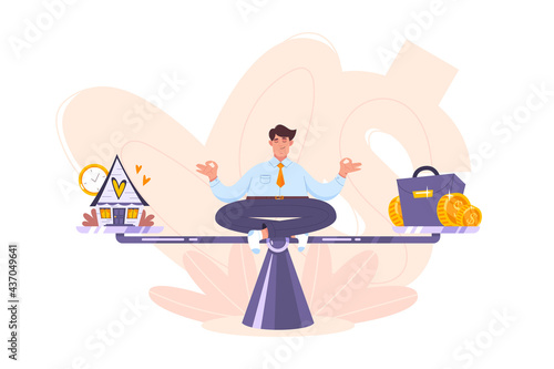 Calm businessman meditating on the scales and keep harmony choose between career and relax  business and family  leisure and money  office job and home. Work life balance concept in flat cartoon style