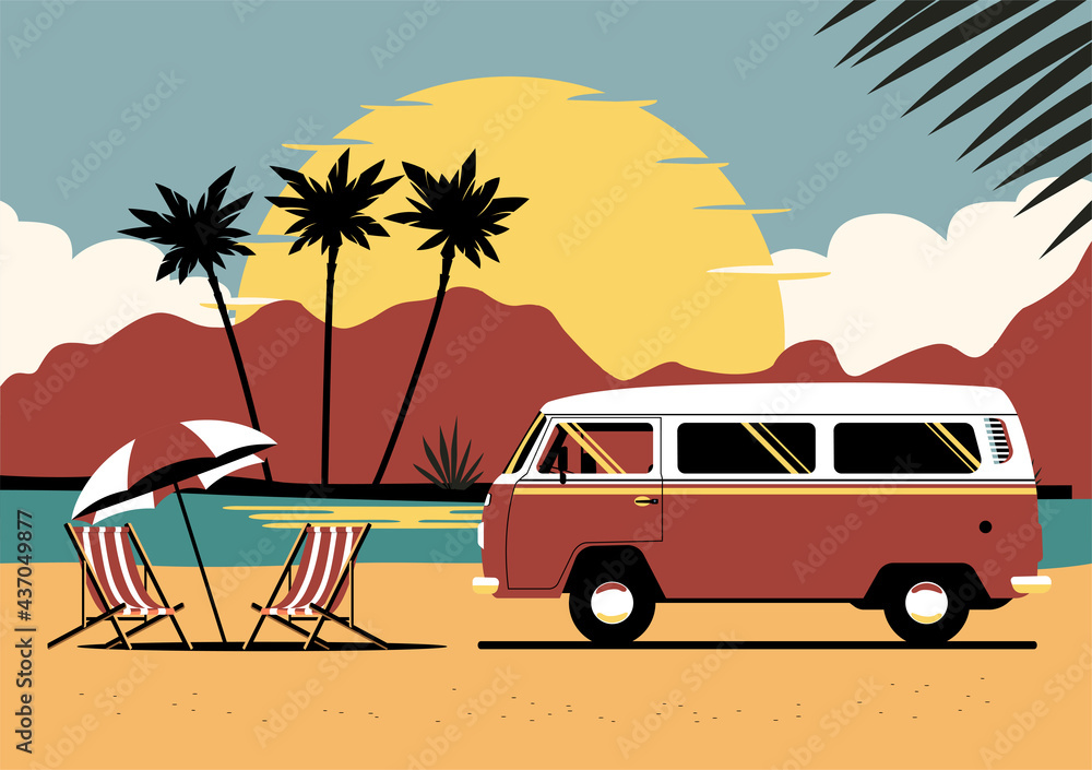 Classic van on background of abstract tropical landscape. Vector flat style illustration.