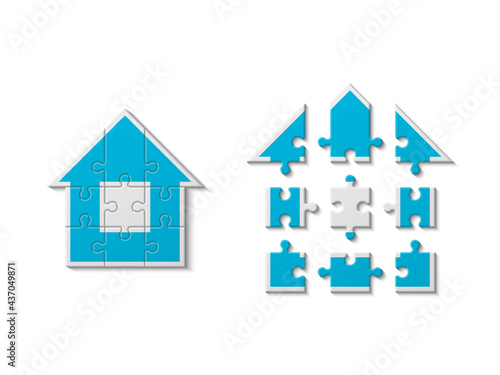 Puzzle house presentation. Home kit banner. Infographic template with explanatory text field for business statistics illustration