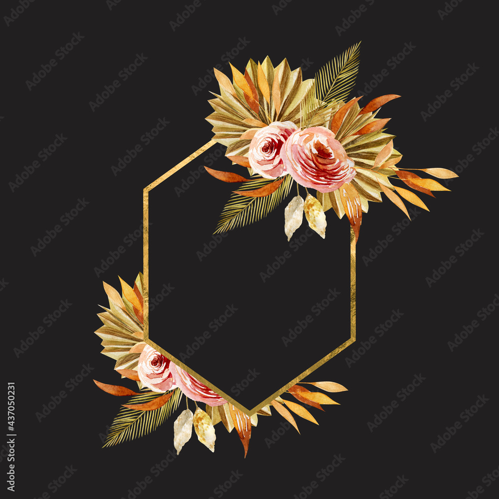 Geometric golden frame decorated with watercolor dried roses and dried ...