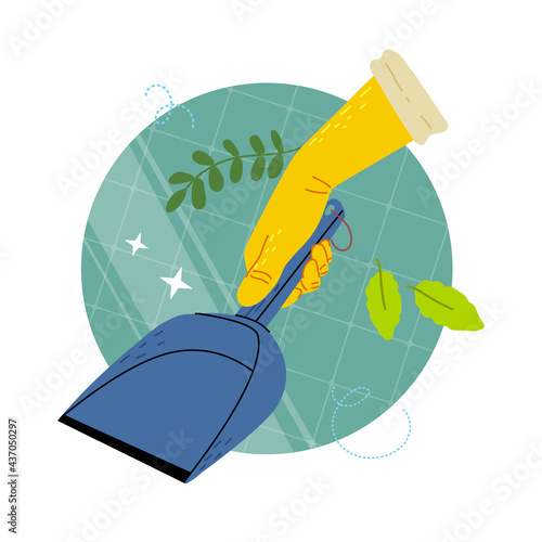 Hand in yellow rubber glove holding a dustpan.Cleaning Service. Flat vector illustration.