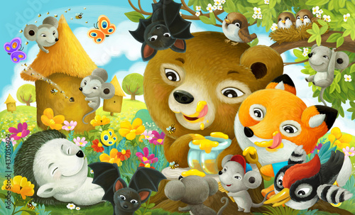 cartoon fun scene forest animals the forest eating honey