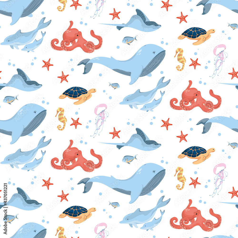 Seamless pattern with a variety of marine life. Cartoon-style animals swim in the ocean. Print on fabric or on notepads, background image for your design. EPS10. Seamless pattern with a variety of marine life. Cartoon-style animals swim in the ocean. Print on fabric or on notepads, background image for your design. EPS10.