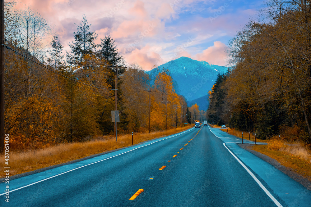 Autumn season road in Washington States, ,USA Autumn season road in Washington States, ,USA