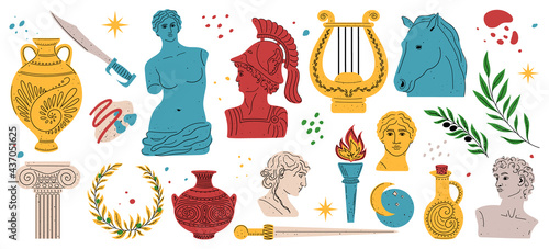 Modern style Antique greek sculpture set. Heads of woman, knight, horse. Branch, amphora, hand. Mythical ancient greek style