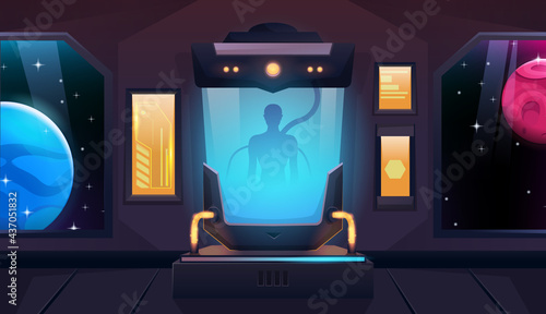 Cryogenic capsules with human or alien. Cryo camera on spaceship or shuttle. Two viewports. Vector cartoon illustration