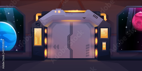 Hallway in spaceship with closed sliding doors. Yellow neon. Two viewports with a view of other planets. Vector cartoon design