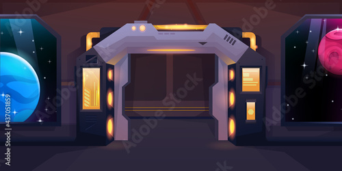 Shuttle interior with sliding open spaceship doors. Two viewports for a view of other planets. Vector cartoon style.