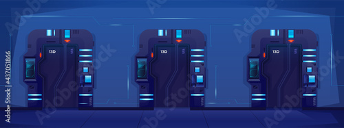 Closed doors in a prison on a spaceship. Spaceship jail. locked rooms. Vector cartoon illustration.