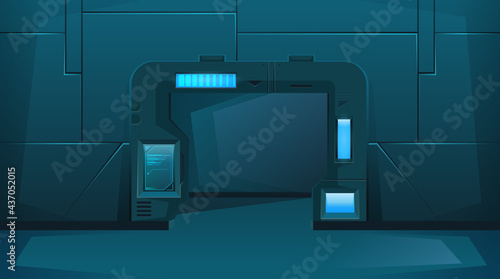 Open door on shuttle or spaceship with neon. Hud. Cartoon style. Vector