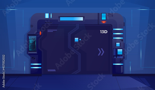 Sliding spaceship closed door with blue lamps. Background for games and mobile applications. Vector cartoon background