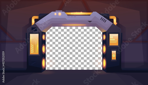 Spaceship open door with transparent background. Hallway with yellow lamp. Background for games and mobile applications. Vector cartoon background
