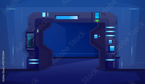 Spaceship sliding open door with blue lamps. Background for games and mobile applications. Vector cartoon background