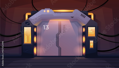 Futuristic interior room with spaceship door and with black cabels. Hallway. Background for games and mobile applications. Vector cartoon background
