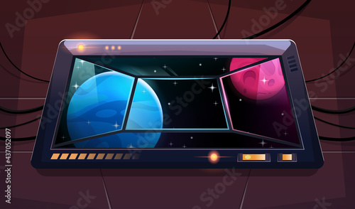 Viewport with a view on alien planets and stars. Window with a lot of cables. Spaceship or shuttle. Vector design in cartoon style.