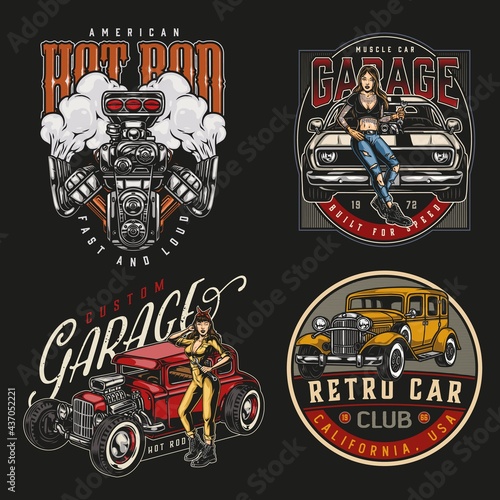 American custom cars colorful vintage labels