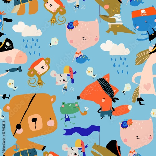 Samless Pattern with Cartoon Animals celebrating Pirate Party