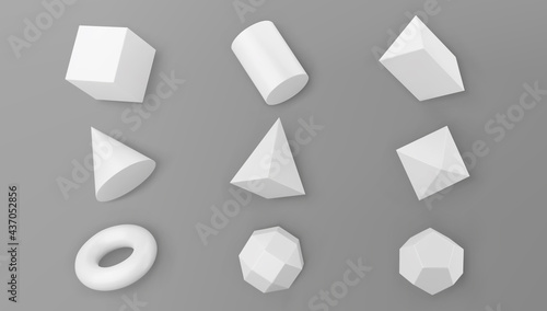 3d render white geometric shapes objects set isolated on grey background. White realistic primitives - cube, pyramid, torus, cone with shadows. Abstract decorative vector figure for trendy design