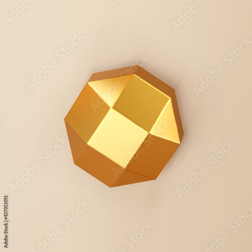 3d render gold geometric shape low poly sphere with shadows isolated on background. Golden glossy realistic primitive. Abstract decorative vector figure for trendy design