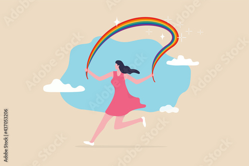 Embrace LGBT rainbow pride, equality and freedom in gender, lesbian, gay, bisexual and transgender concept, happy beautiful transgender woman running while holding rainbow pride.