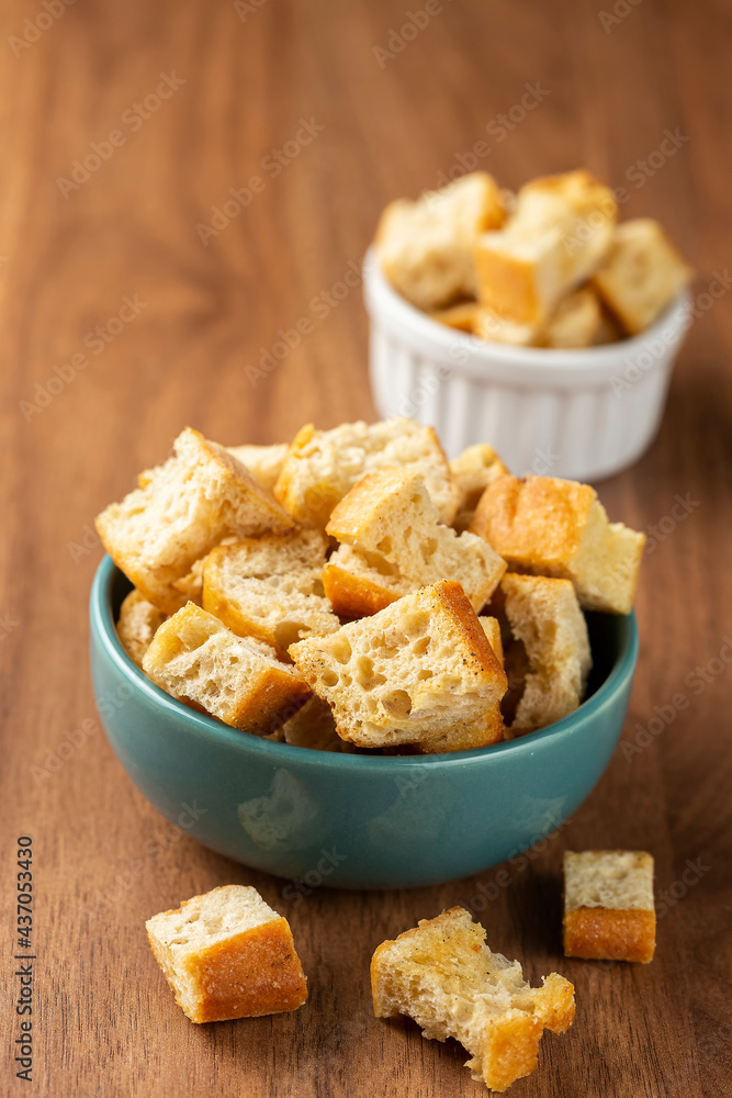 Delicious crunchy croutons on the table. Delicious crunchy croutons on the table.