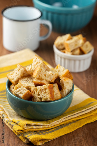 Delicious crunchy croutons on the table.