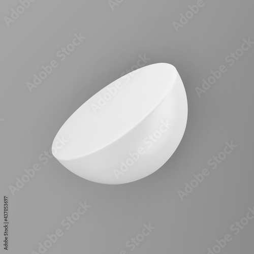 3d render white geometric shape half sphere with shadows isolated on grey background. White realistic primitive. Abstract decorative vector figure for trendy design