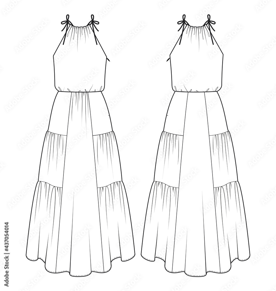 Fashion technical drawing of sleeveless tiered dress Stock Vector ...