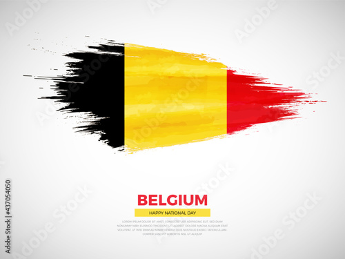 Grunge style brush painted Belgium country flag illustration with national day typography