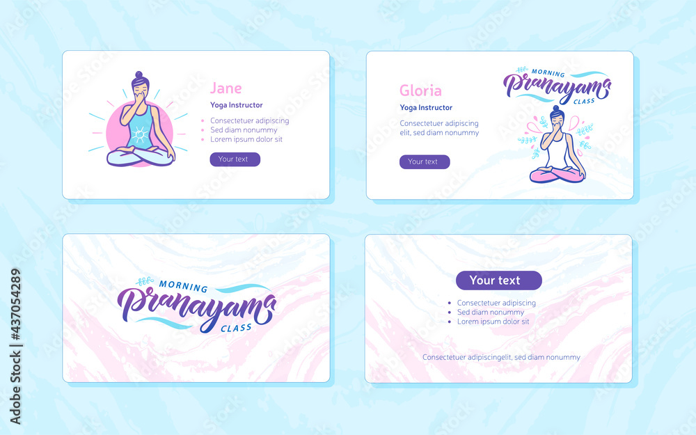 Morning Class Pranayama Visit Cards. Woman in cross-legged pose practicing breathing exercise. Calligraphy inscription. Vector illustration for logotype, poster, magazine, banner, t-shirt