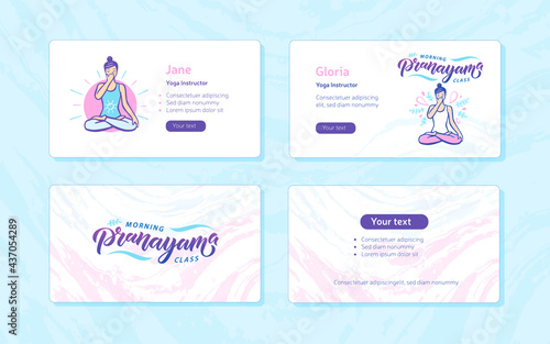 Morning Class Pranayama Visit Cards. Woman in cross-legged pose practicing breathing exercise. Calligraphy inscription. Vector illustration for logotype, poster, magazine, banner, t-shirt